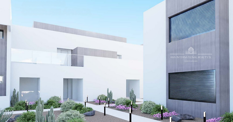 Entdecken Sie moderne 1–3-Zimmer-Neubauwohnungen im Komplex Costa Atlántica mit Gemeinschaftspools, Gärten und Panoramablick auf drei Küsten bis Lanzarote in Villaverde (La Oliva)