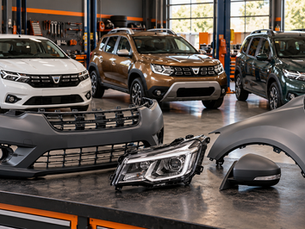 Illustration de pièces de carrosserie devant une Sandero, un Duster et un Jogger Dacia dans un atelier.