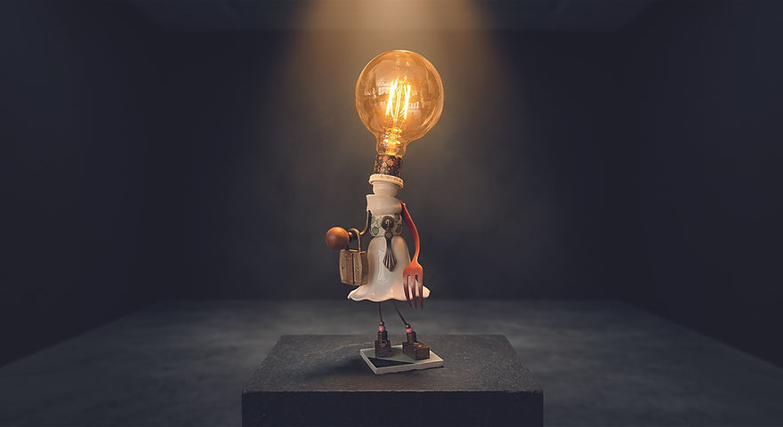 Lampe artisanale design en objets recyclés, veilleuse décorative avec ampoule filament, lumière douce