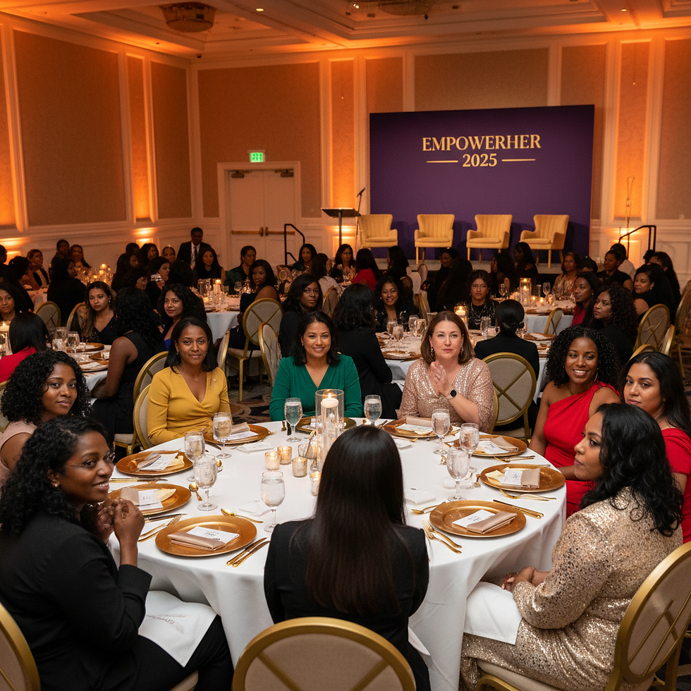 EmpowerHer 2025 event ballroom setup with sophisticated table designs