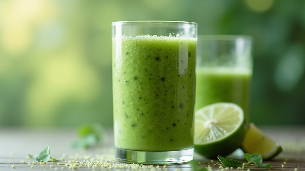 Eye-level view of a vibrant green smoothie in a glass