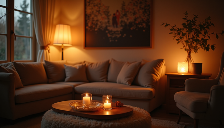 Eye-level view of a cozy living room set up for a romantic date night with soft lighting and candles