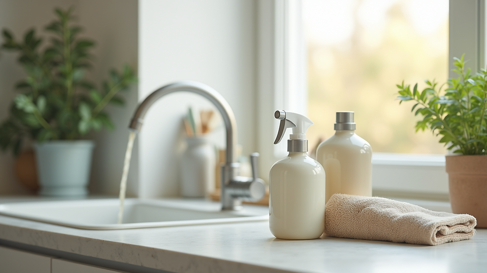 Close-up view of cleaning equipment and eco-friendly products on a countertop