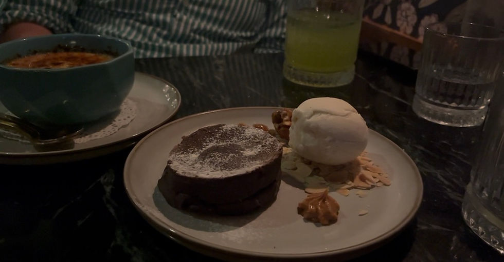 Chocolate cake with ice cream at Gold, Indigo, & Jasmine.