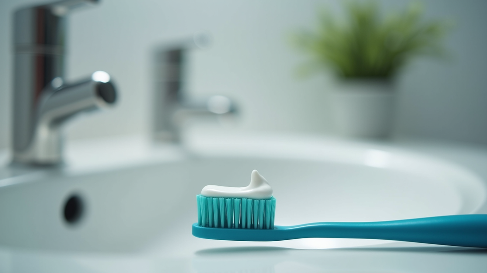 Close-up view of a toothbrush and toothpaste on a bathroom sink