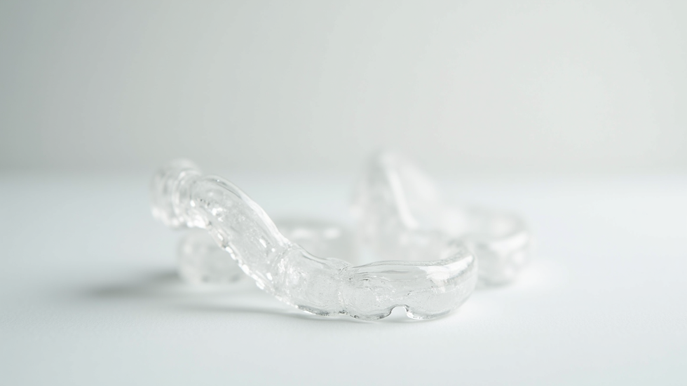 Close-up view of a set of clear aligners on a white background