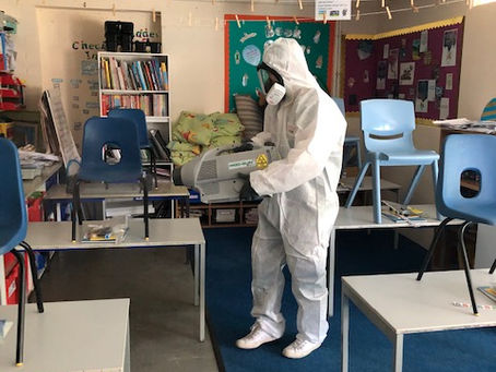 Local school takes precautionary antiviral sanitisation fogging treatment.