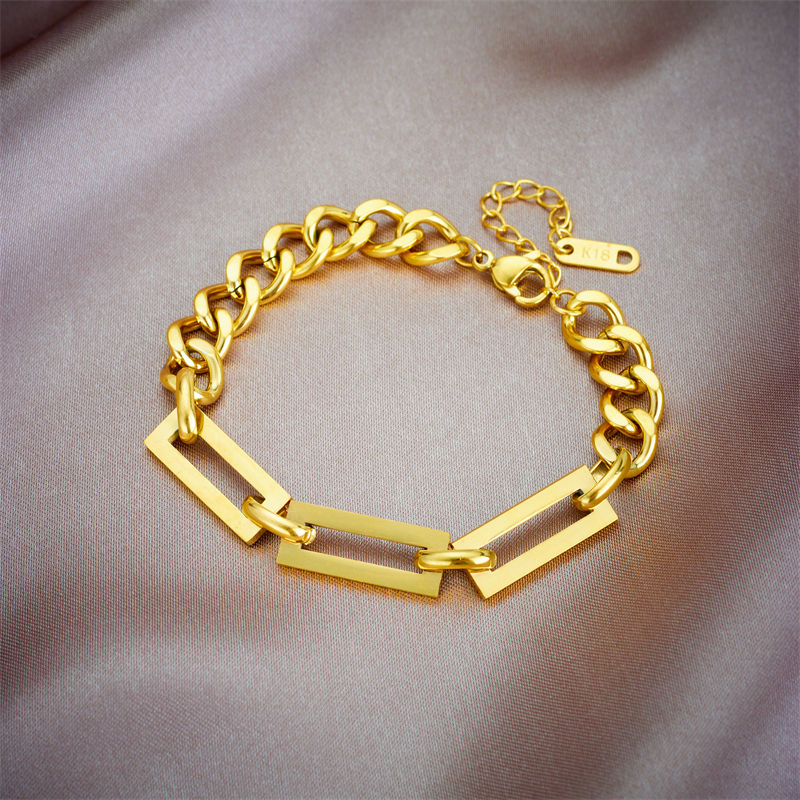 Thumbnail: DIEYURO 316L Stainless Steel Gold Color Geometric Chain Necklace Bracelets For W