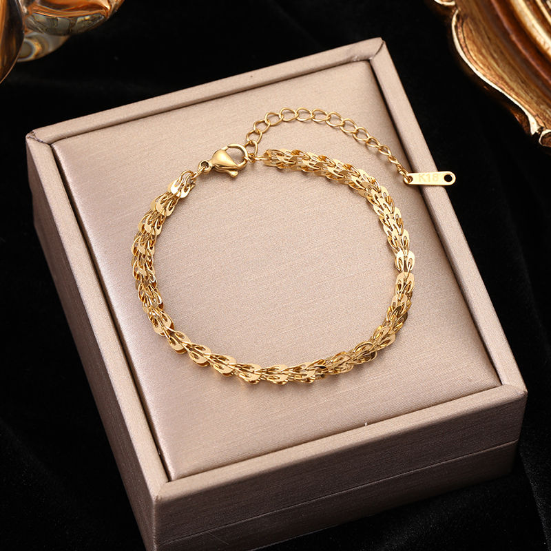 Thumbnail: EILIECK 316L Stainless Steel Metal Gold Color Wheat Chain Necklace Bracelets Set