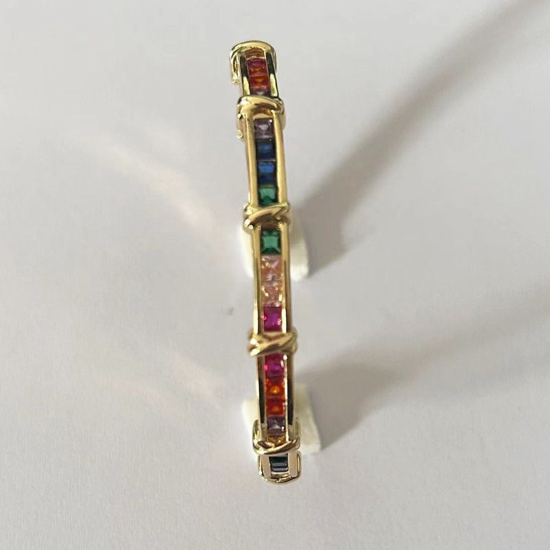 Thumbnail: Elegant Bamboo Cubic Zirconia Bangle Rainbow/ Clear Crystal Open Cuff Bracelet P