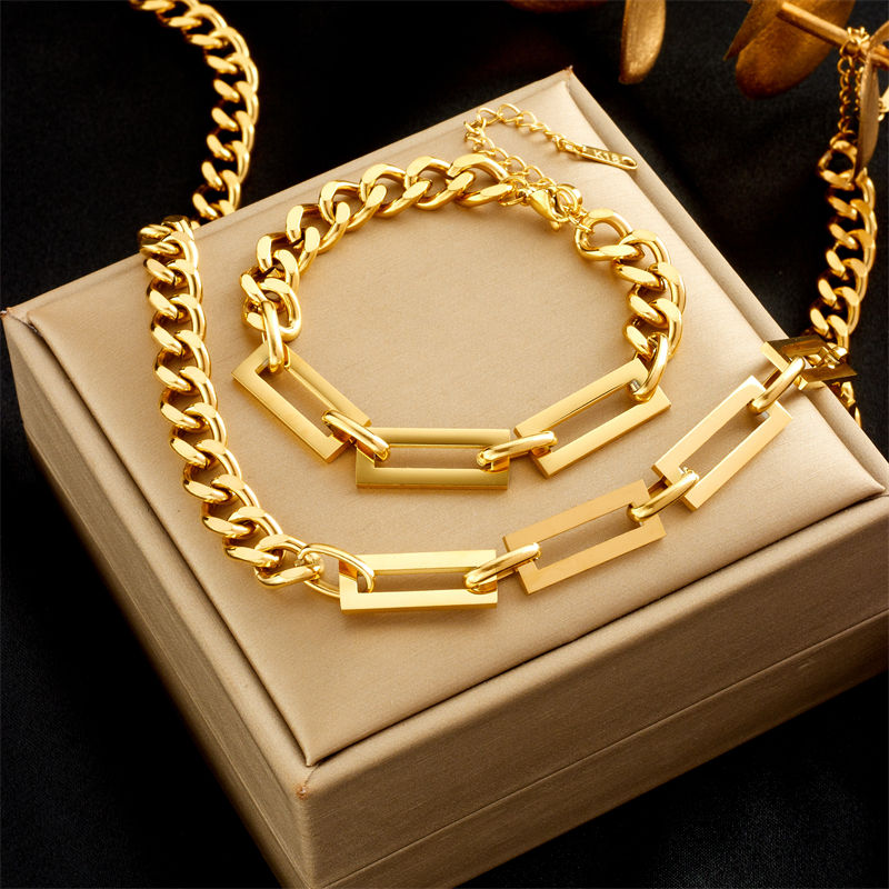 Thumbnail: DIEYURO 316L Stainless Steel Gold Color Geometric Chain Necklace Bracelets For W