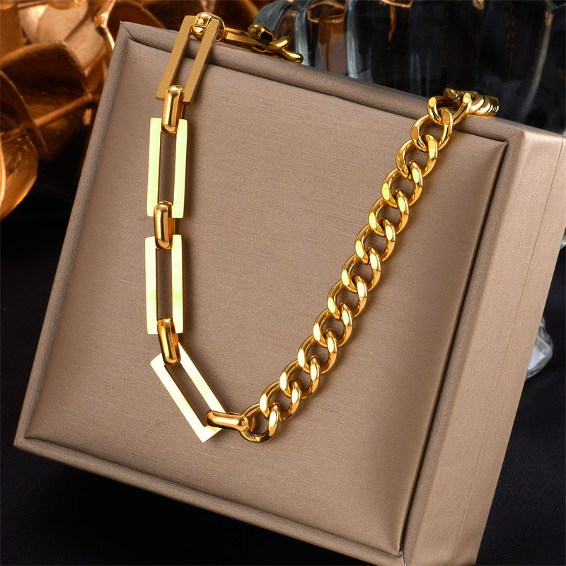 Thumbnail: DIEYURO 316L Stainless Steel Gold Color Geometric Chain Necklace Bracelets For W