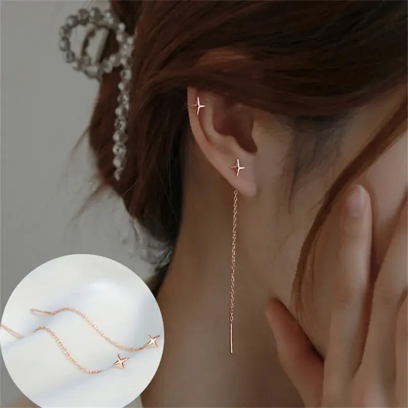 Thumbnail: Drop Ear Line Long Hanging Earrings for Women Rose Gold Color Zircon Crystal Pie