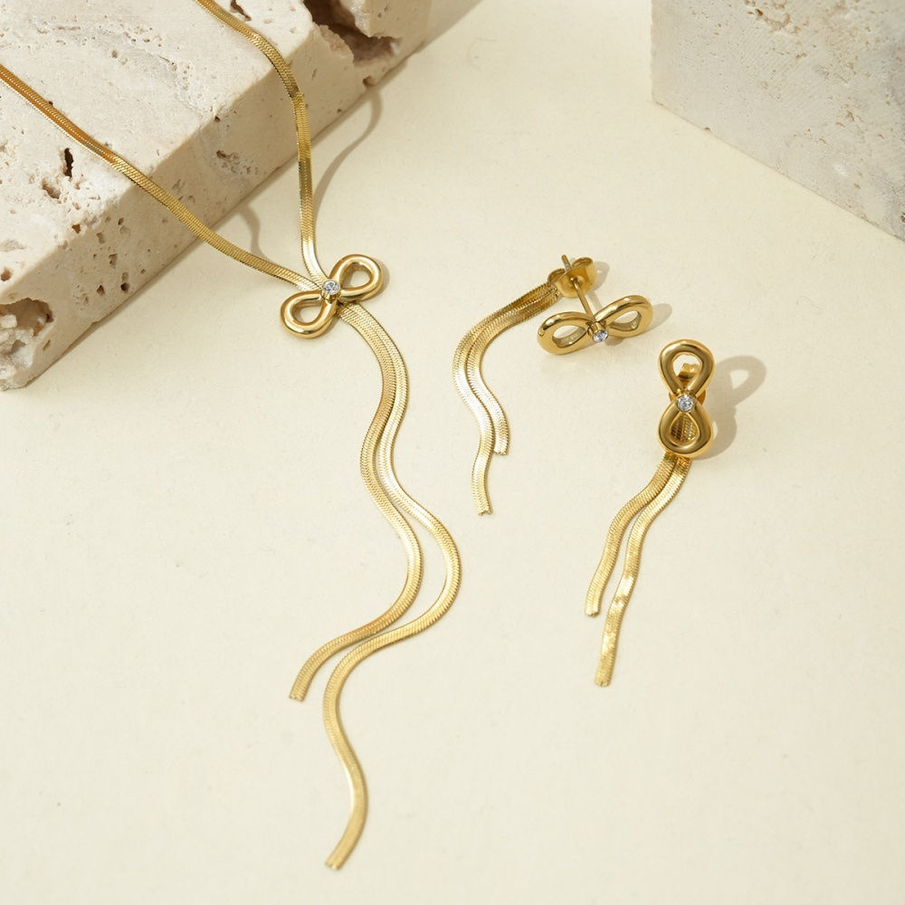 Stainless Steel Bowknot Tassel Necklace Earrings Jewelry Set For Women Gold Colo