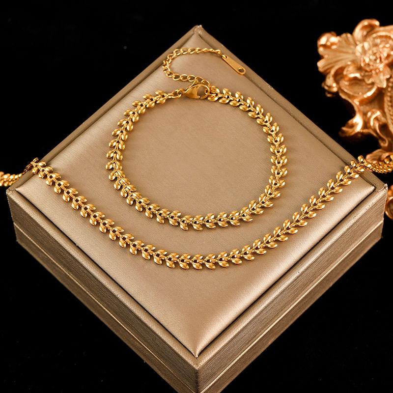 Thumbnail: EILIECK 316L Stainless Steel Metal Gold Color Wheat Chain Necklace Bracelets Set
