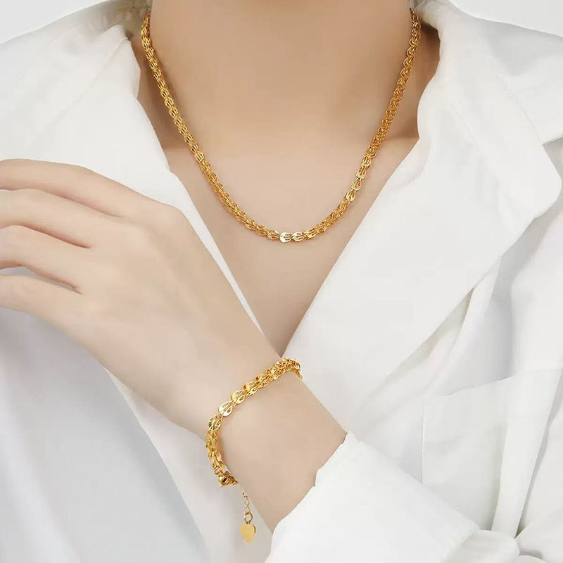 Thumbnail: EILIECK 316L Stainless Steel Metal Gold Color Wheat Chain Necklace Bracelets Set