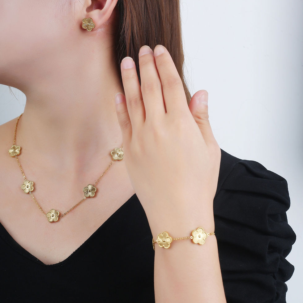 Thumbnail: Metal Laser Five Leaf Flower Bracelet Necklace Earrings Jewelry Set Classic For 