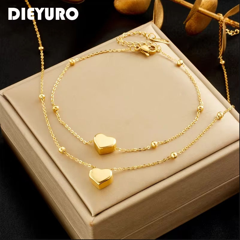 Thumbnail: DIEYURO 316L Stainless Steel Gold Color Heart Love Chain Necklace Bracelets For 