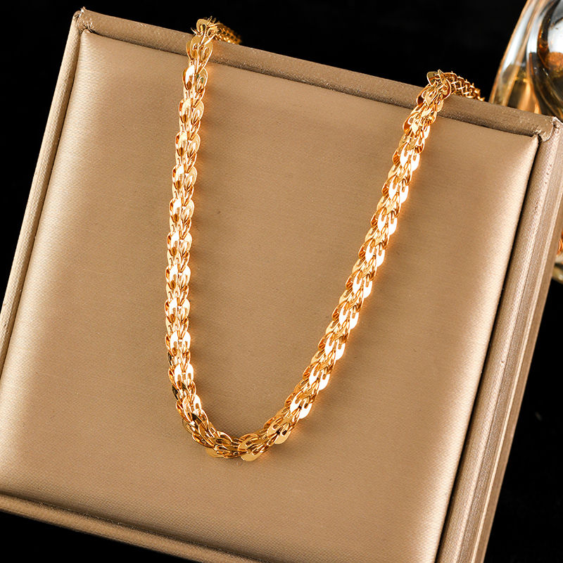 Thumbnail: EILIECK 316L Stainless Steel Metal Gold Color Wheat Chain Necklace Bracelets Set