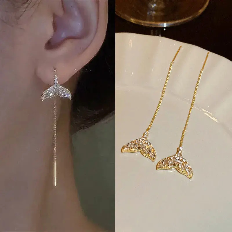 Thumbnail: Drop Ear Line Long Hanging Earrings for Women Rose Gold Color Zircon Crystal Pie