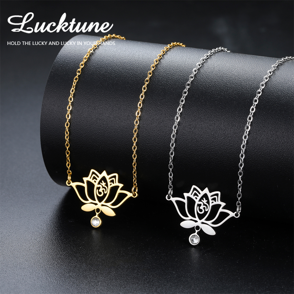 Lucktune Lotus OM Symbol Pendant Necklace Stainless Steel Women's Necklace Vinta