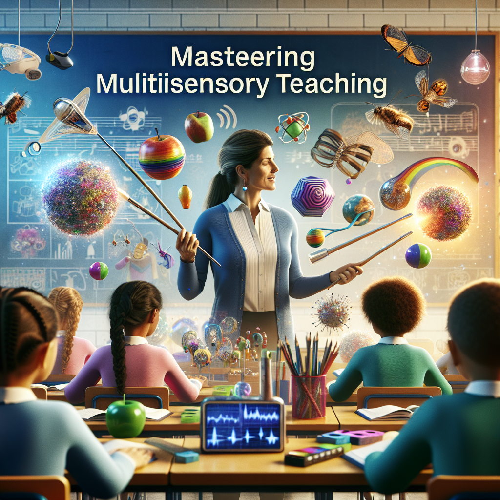 Teacher uses colorful, floating objects in a classroom for multisensory teaching. "Mastering Multisensory Teaching" text on chalkboard.