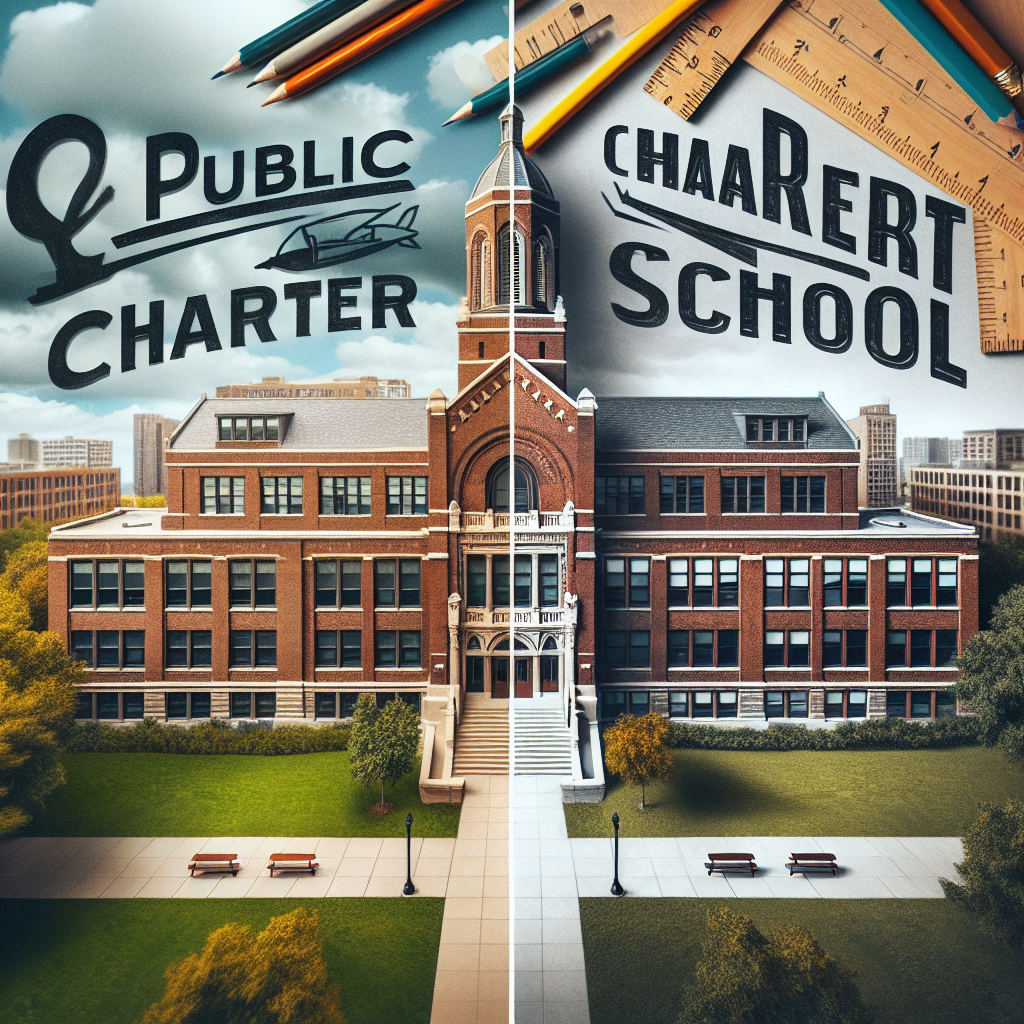 Brick school building split in half; left labeled "Public Charter," right "Charter School." Pencils and rulers are on top.