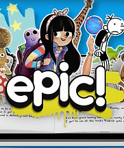 Cartoon illustration of a young girl popping out of a book followed by story characters. Text reads, "EPIC!" in front of a yellow paint splatter