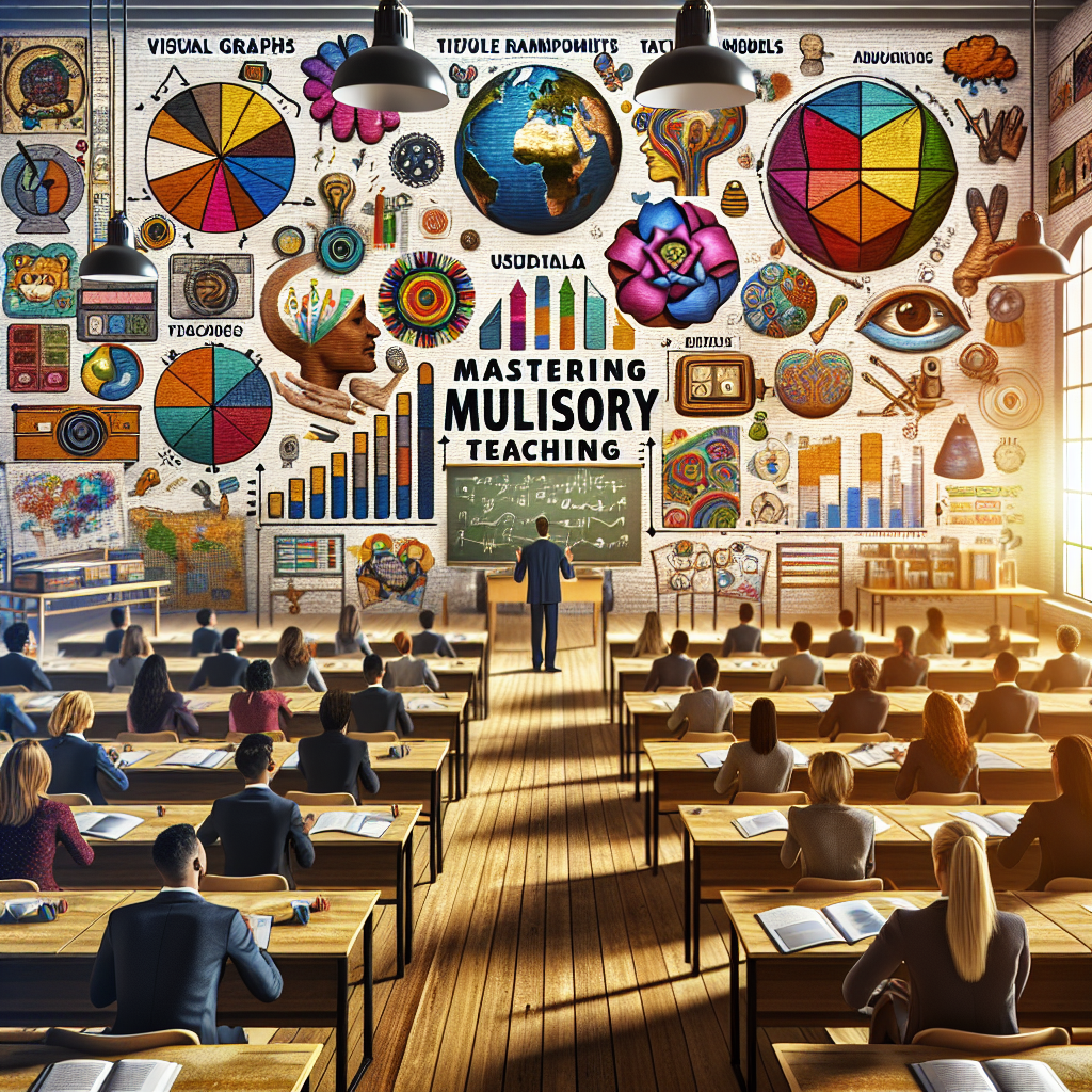 Classroom with students and a teacher at a chalkboard. Bright wall charts and “Mastering Mulisory Teaching” text. Vibrant, educational setting.