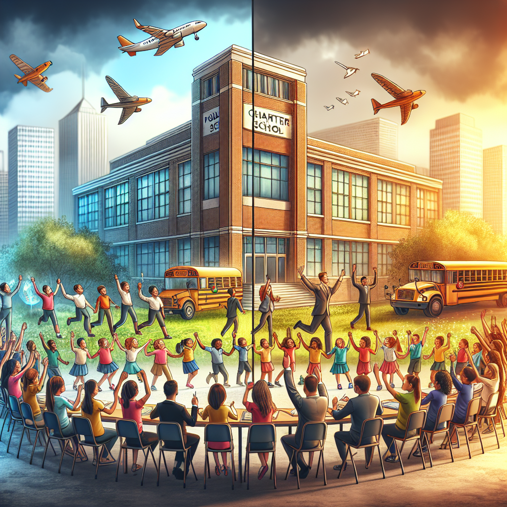 People and children joyfully dance outside a school, under a sky divided into day and night. Airplanes and school buses are visible.