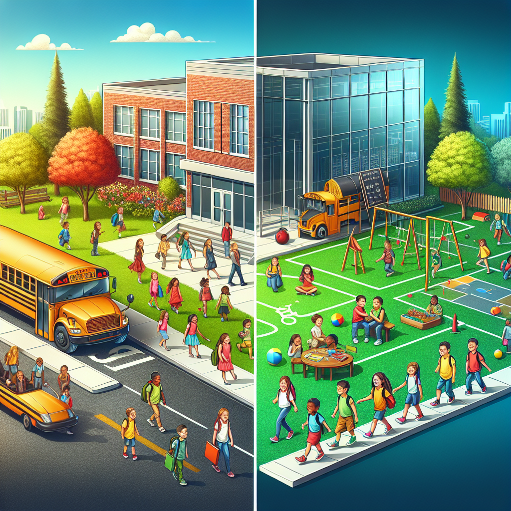 School scene split in two: left shows kids arriving by school bus at a brick building, right shows kids playing outside on colorful playground.