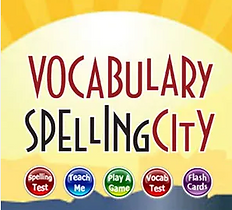 Yellow square with text that reads, "Vocabulary Spelling City." Five small colorful circles are at the bottom with text in each that reads, "spelling test, teach me, play games, vocab test, flash cards"