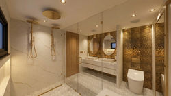 Coral Gables bathroom with floating double vanity, gold mosaic accent wall, freestanding t