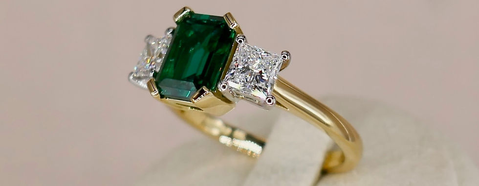Emerald and diamond trilogy engagement ring with pave band and 30% blue light discount