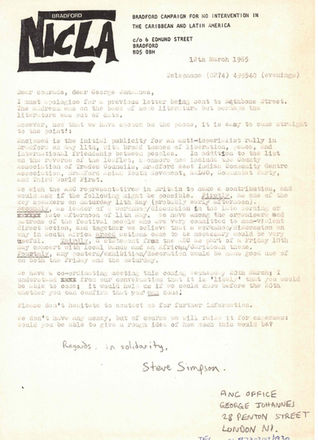 Correspondence with ANC, George Johannes of the African National Congress 12/3/1985