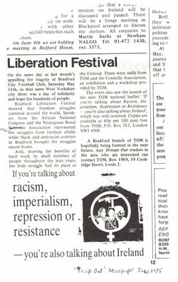 Troops Out Movement newspaper report of festival, June 1985