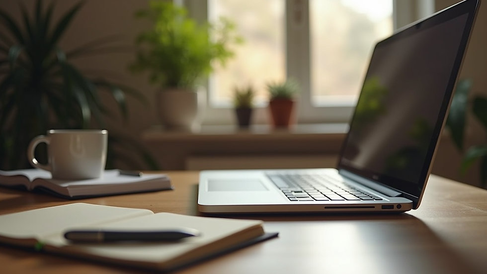 Eye-level view of a cozy workspace with a laptop and a notebook