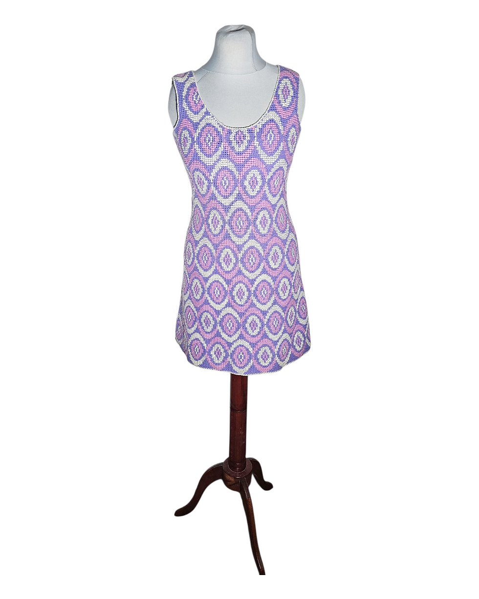 Lata sześćdziesiąte - mod dress dzianinowa dziergana sukienka trapezowa psychode