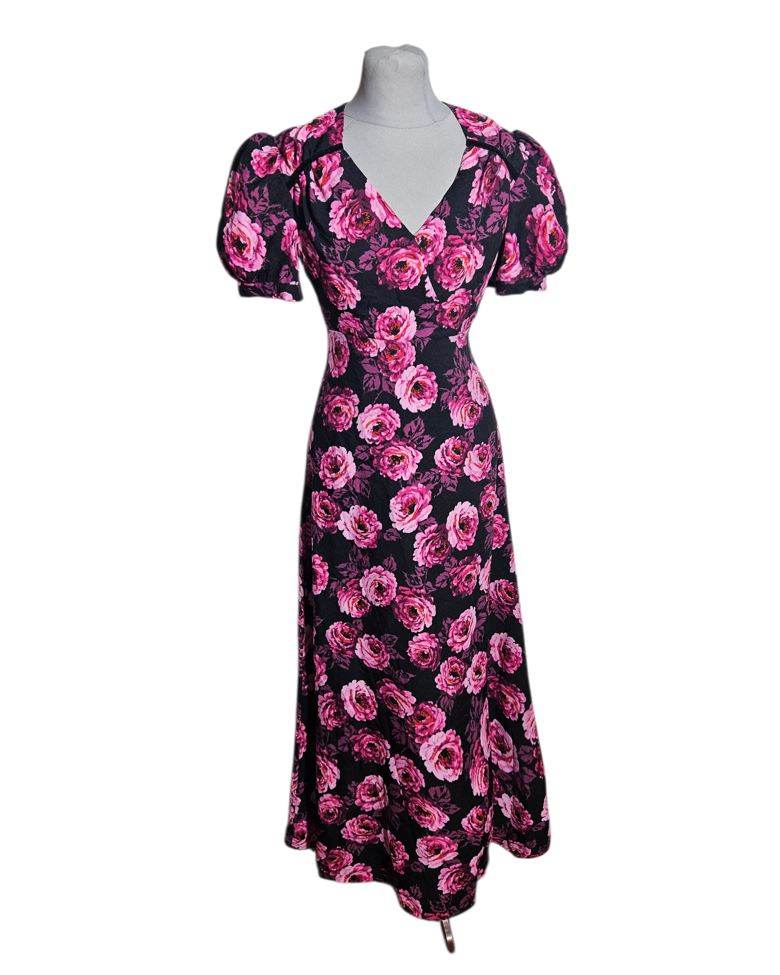 Lata siedemdziesiąte - maxi sukienka czarna w różowe róże jak 1930s