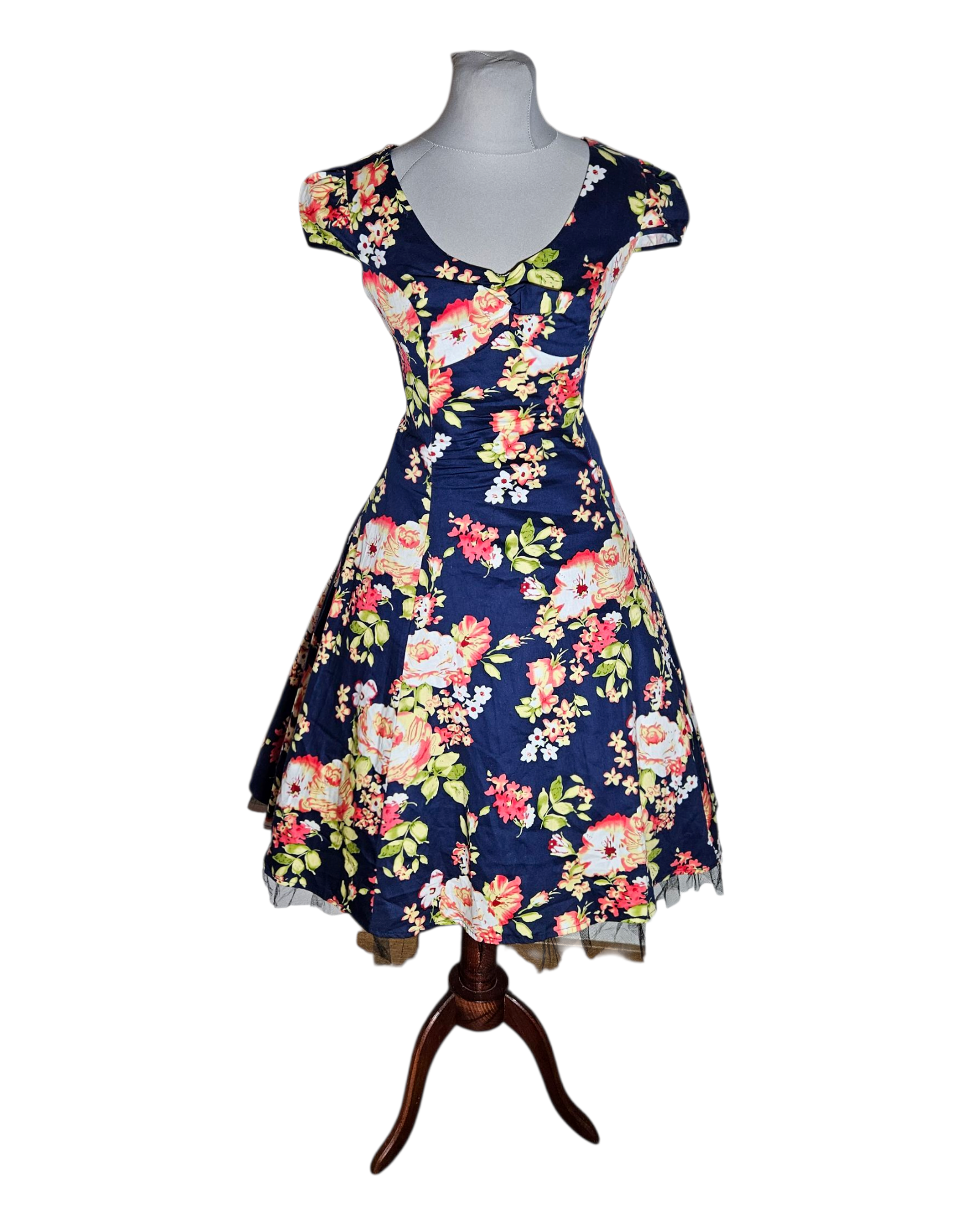 Hearts and Roses - bawełniana granatowa sukienka w kwiaty pin-up retro jak 1950s