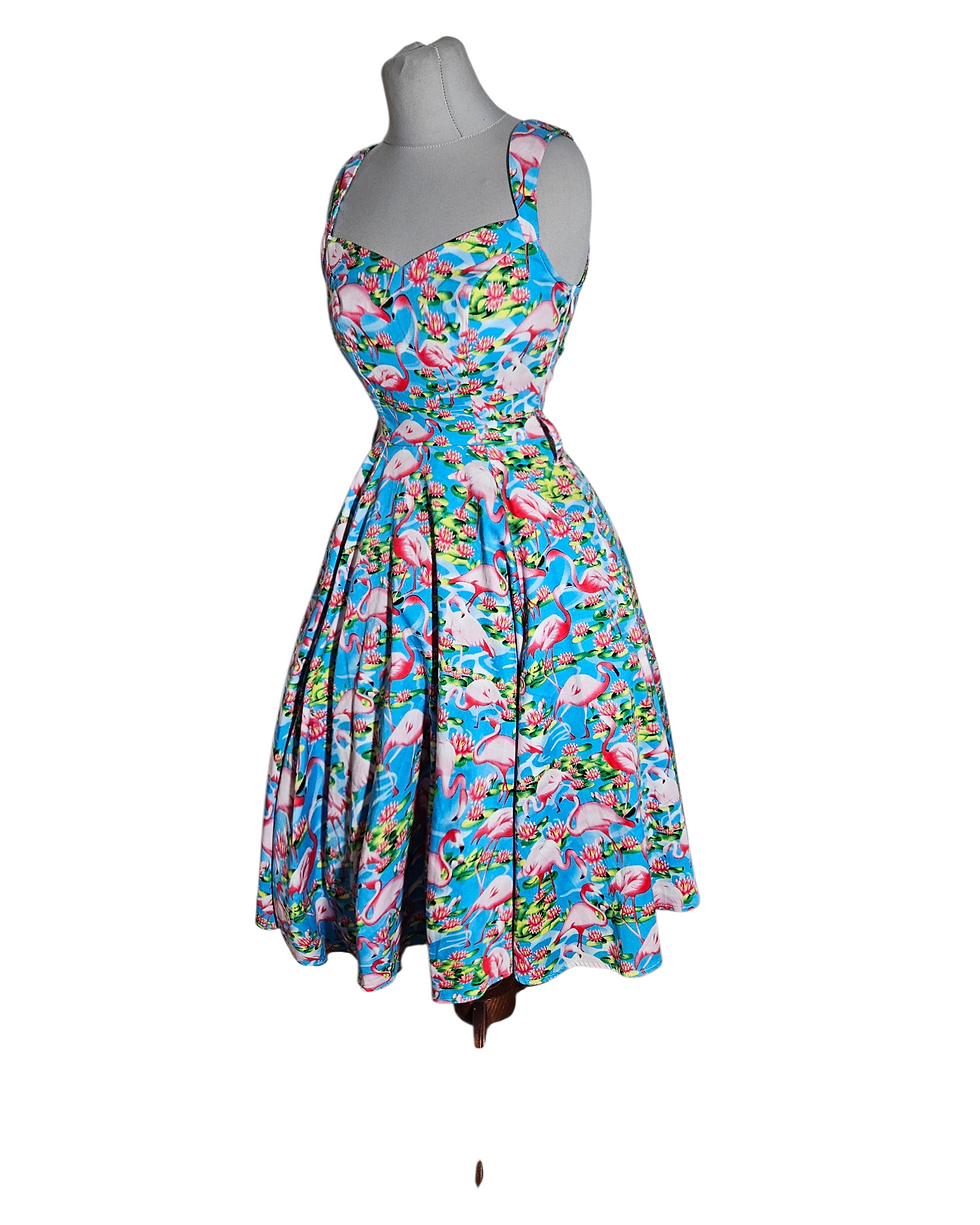 Miniatura: Hearts and Roses - bawełniana sukienka we flamingi i lotosy, rozkloszowana pinup