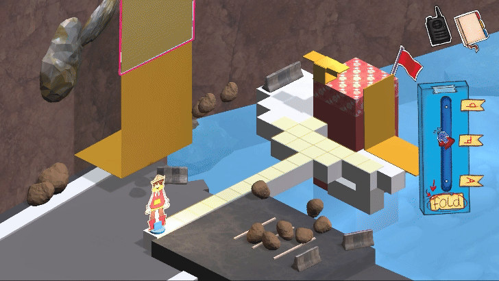 A large paper folds down to shield a hopping game piece boy from falling rocks.