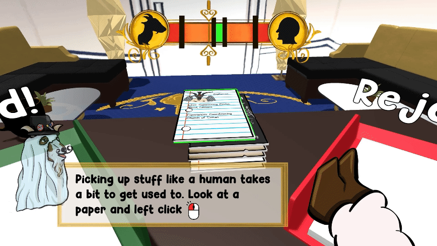 A goat hand picks up a lined piece of paper with Baphomet and his list of likes on it. The resume is dropped.