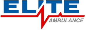 blue and red and white logo that says elite ambulance
