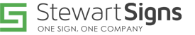 green and black logo that says stewart signs one sign, one company