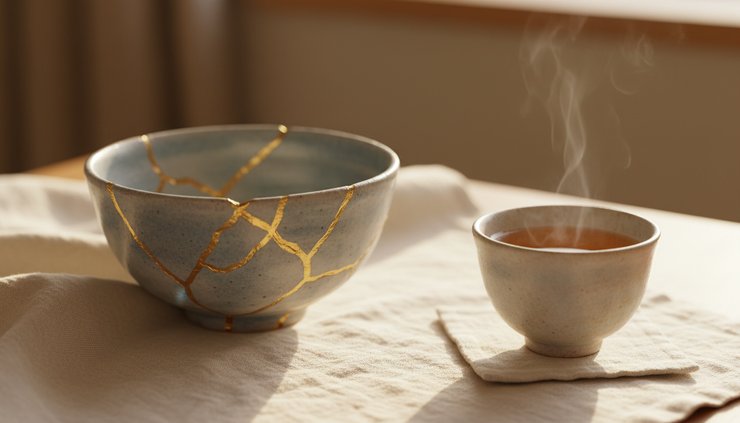 Close-up view of a ceramic bowl repaired with gold lines resting on soft fabric