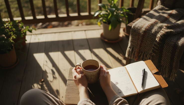Overhead view of hands holding a mug beside a journal on a quiet porch