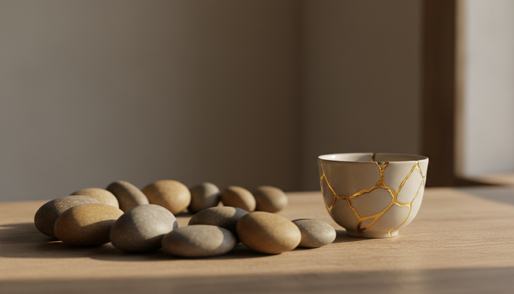 Eye-level view of several smooth stones arranged beside a repaired ceramic cup