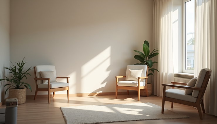 Eye-level view of a calm therapy room with soft lighting and comfortable chairs