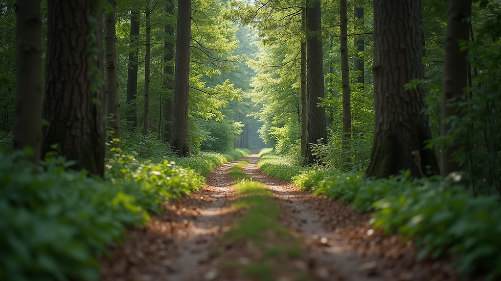 Eye-level view of a serene forest path